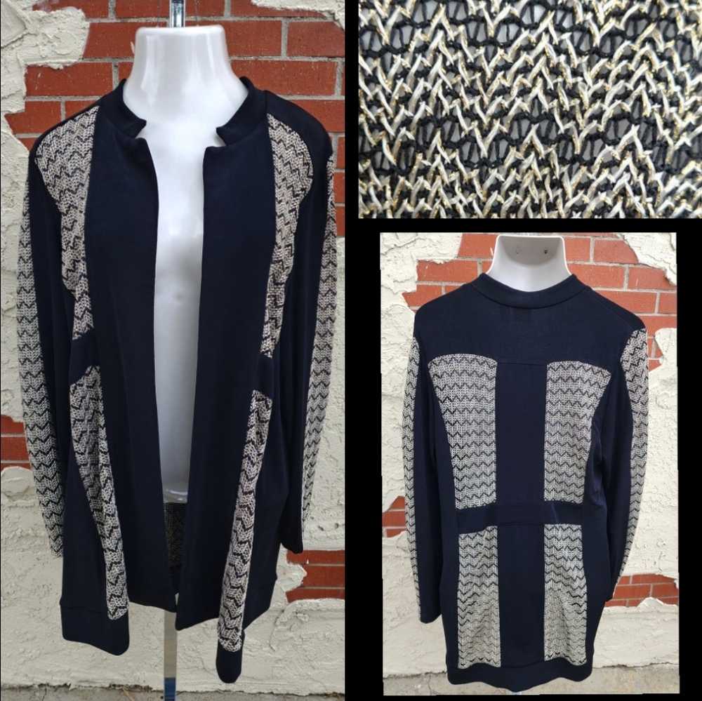 3 XL women CHICO'S travelers acetate stretch gold mesh black open jacket chevron